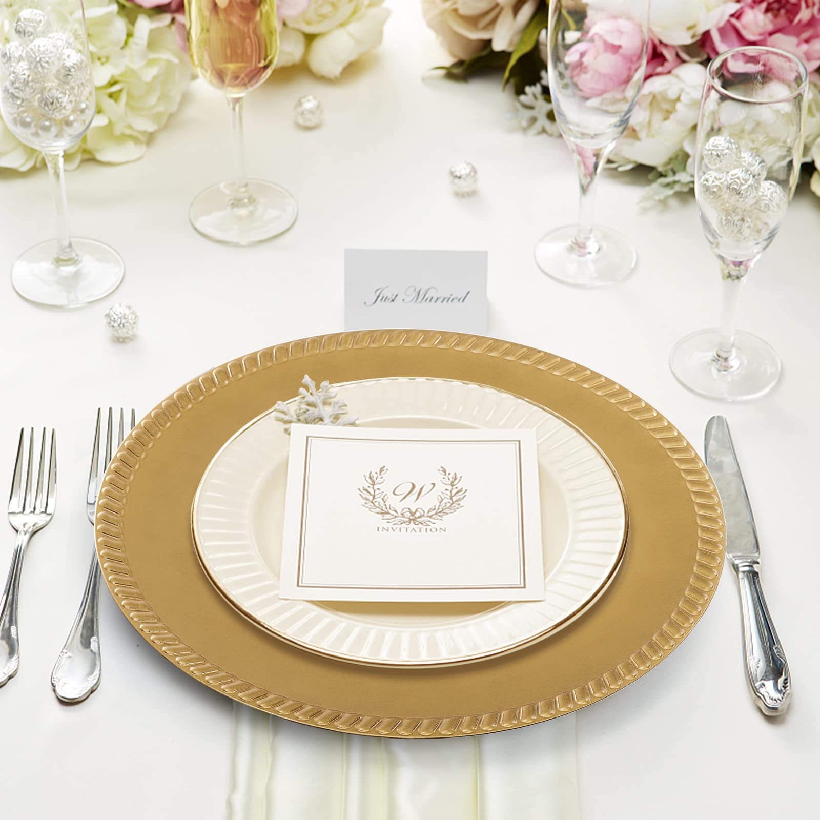 Suwimut beaded-edge chargers serve as bulk serving accents