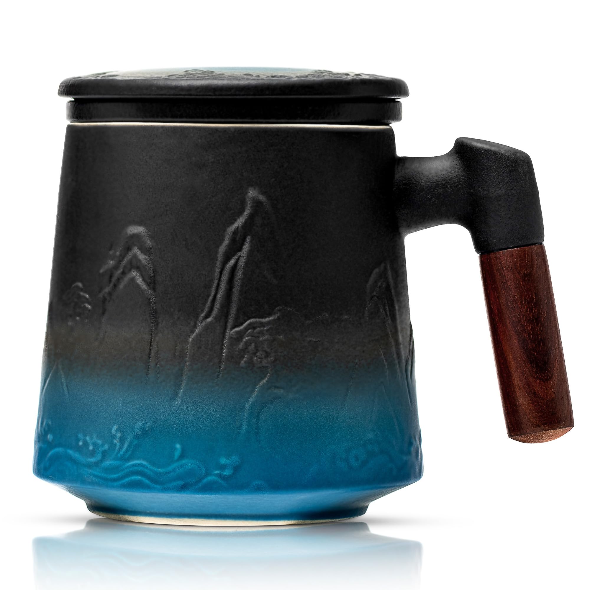 Suyika ceramic tea cup 450ml with infuser and lid gradient embossed for flavorful steeping.
