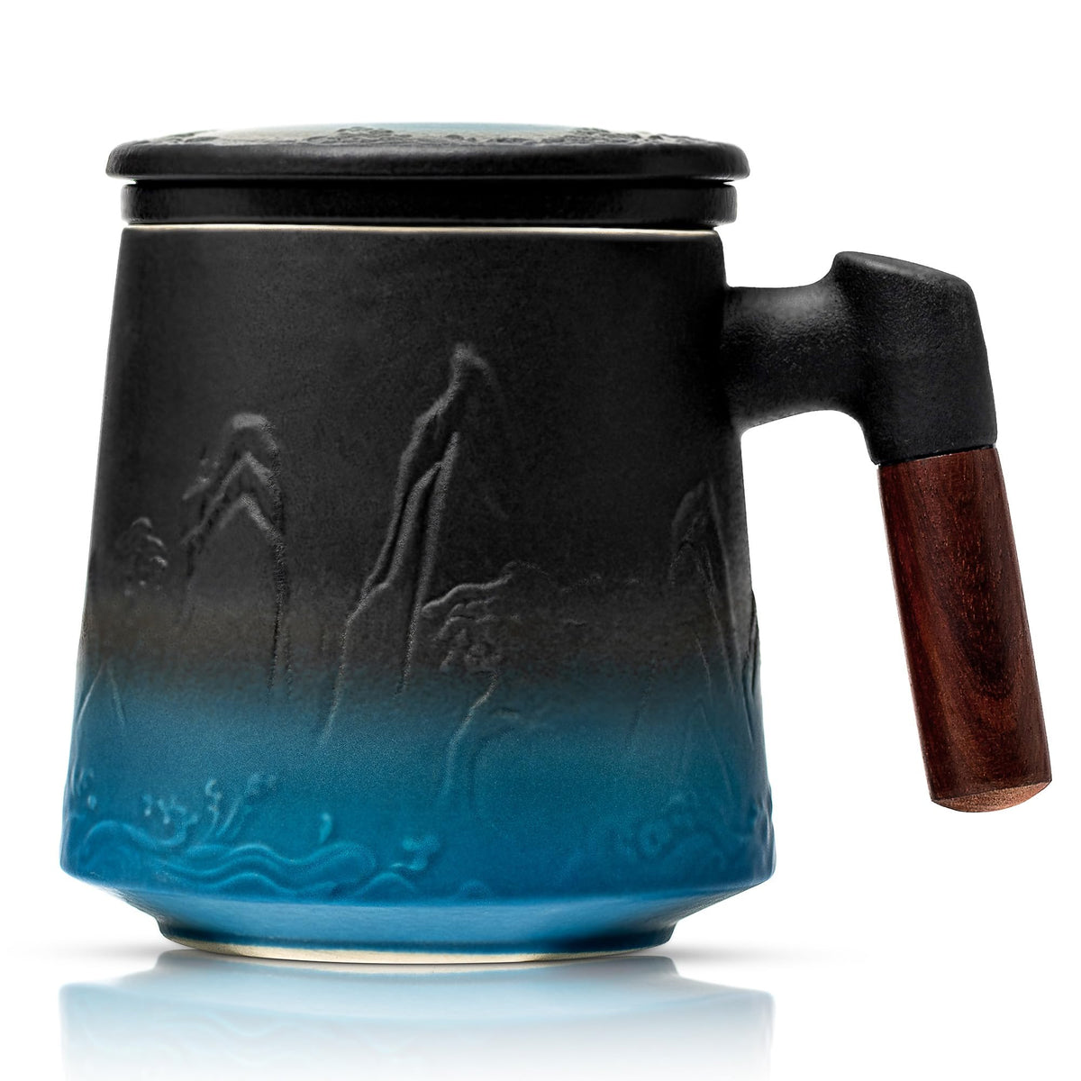 Suyika ceramic tea cup 450ml with infuser and lid gradient embossed for flavorful steeping.