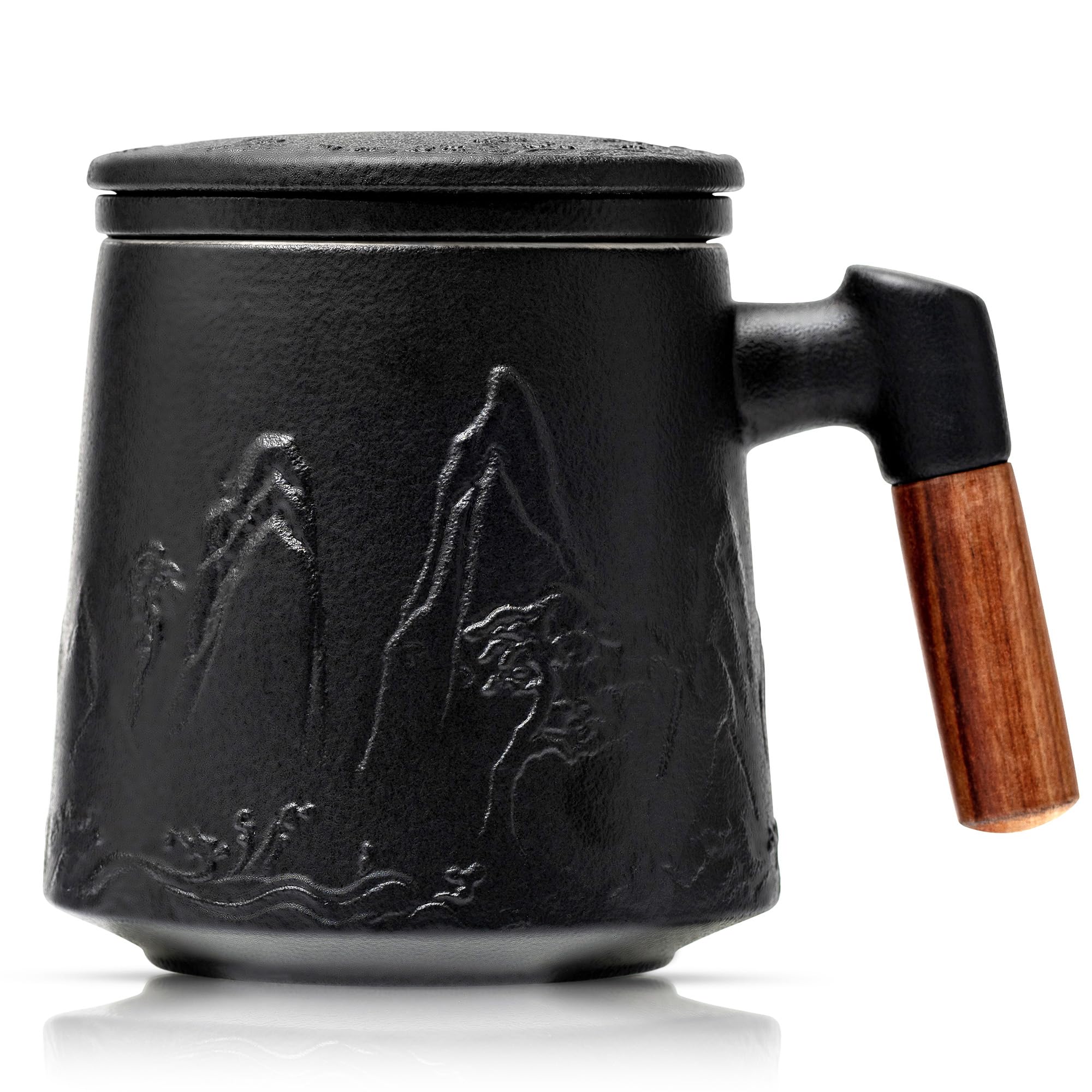 Suyika ceramic tea cup with infuser and lid showing gradient embossing for loose leaf tea