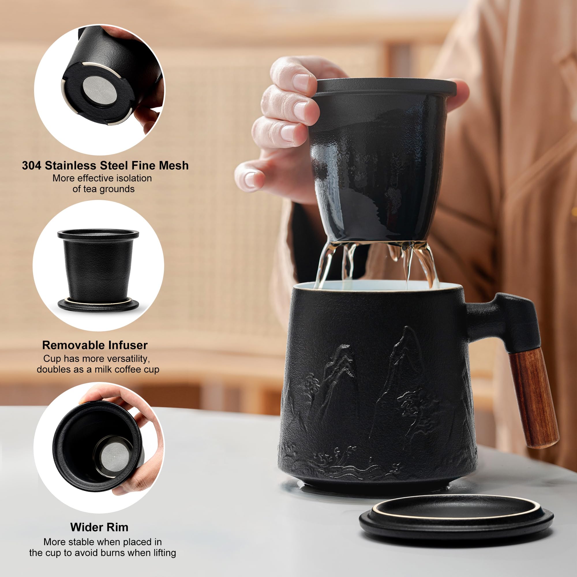 Suyika ceramic teacup with wooden handle provides a comfortable grip during long tea sessions
