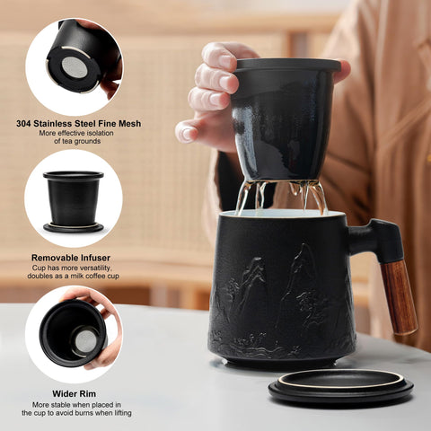 Suyika ceramic teacup with wooden handle provides a comfortable grip during long tea sessions
