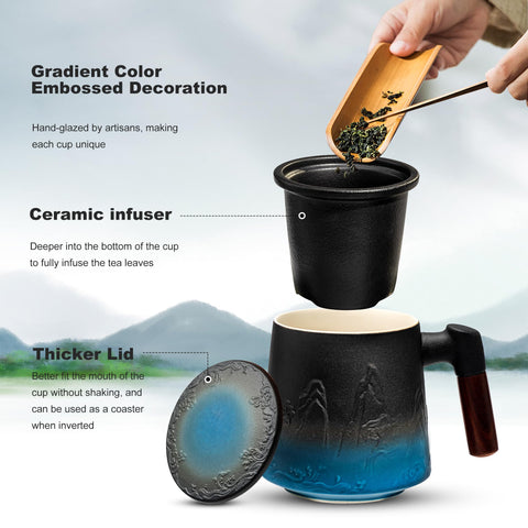 Suyika gradient embossed tea cup in black cyan enhances modern tea rituals.