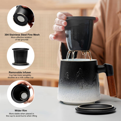 Suyika gradient embossed tea mug with wooden handle for a comfortable grip.