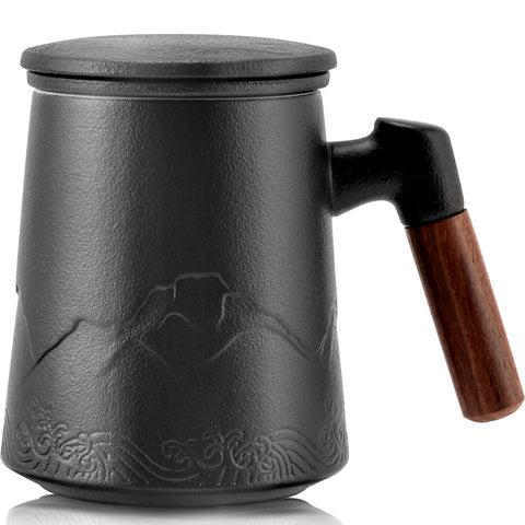 Suyika tea cup with gradient black body and wood handle for stylish mornings