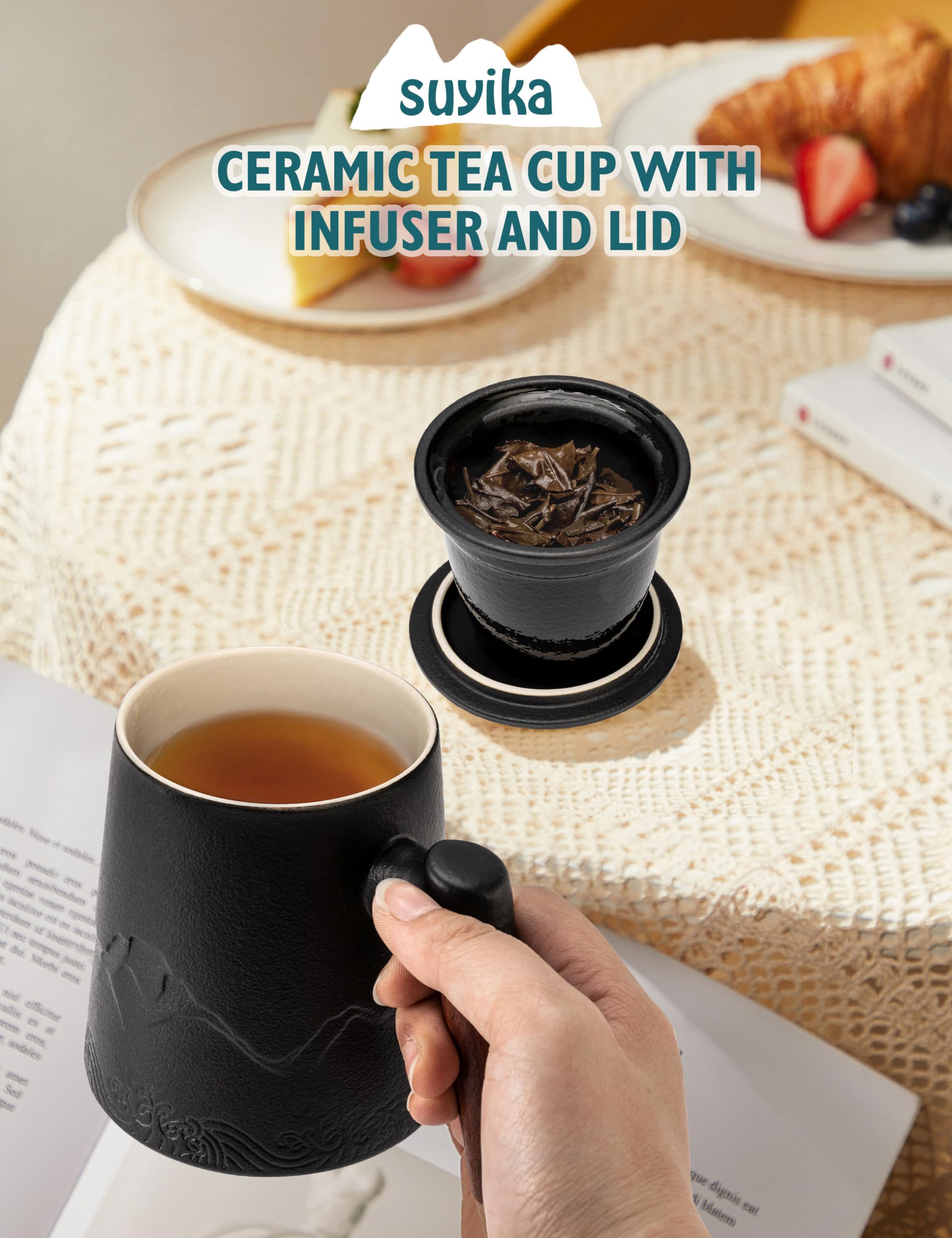Suyika tea cup with ceramic infuser for cleanly strained loose leaf tea