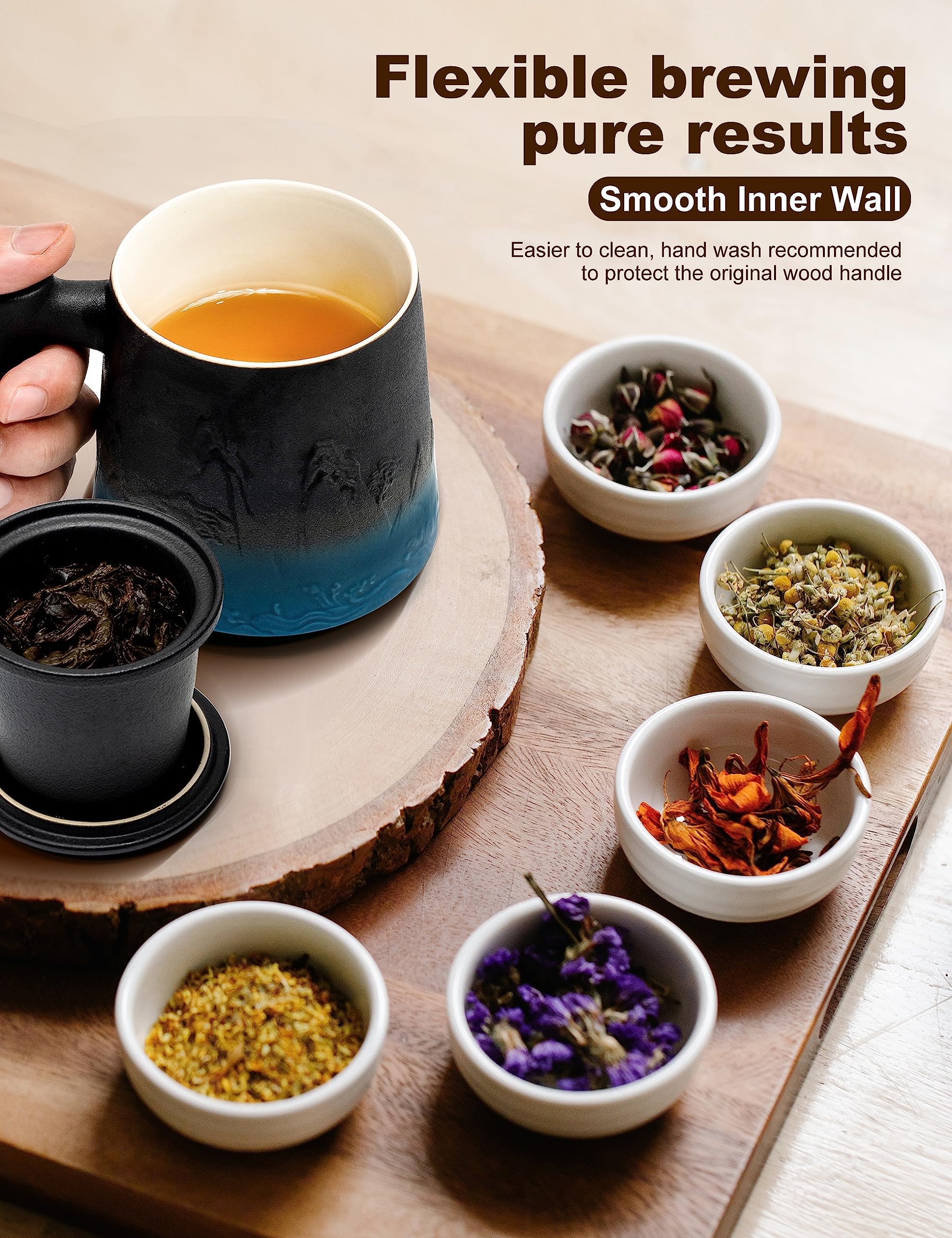 Suyika tea cup with infuser closeup showing integrated brewing ease.