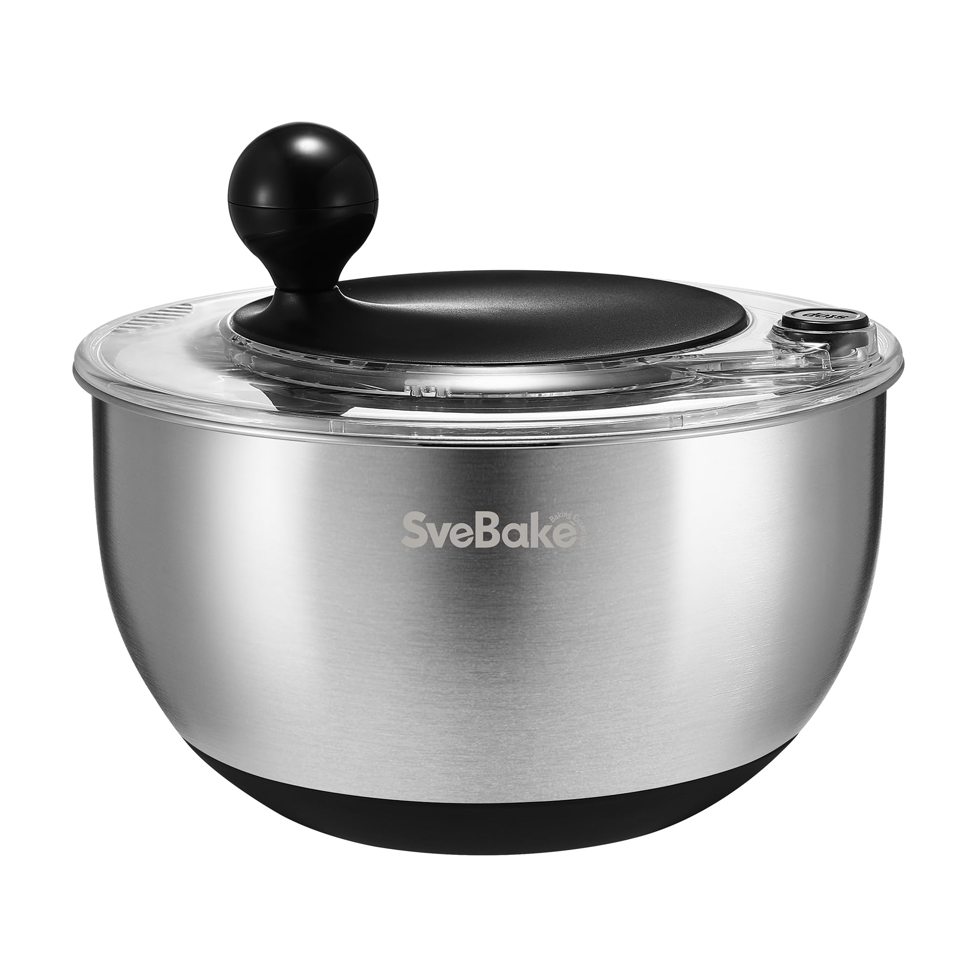 SveBake salad spinner with stop button and drainage spout for fast drying