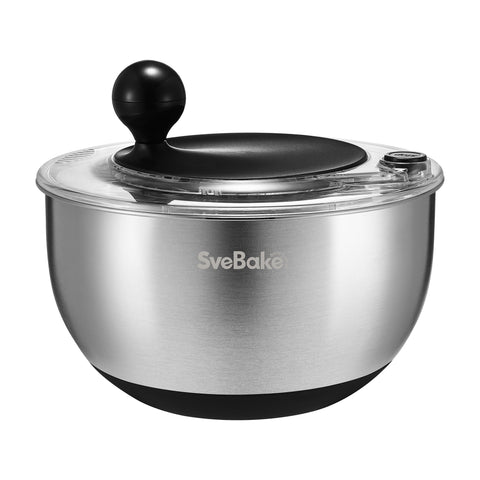 SveBake salad spinner with stop button and drainage spout for fast drying