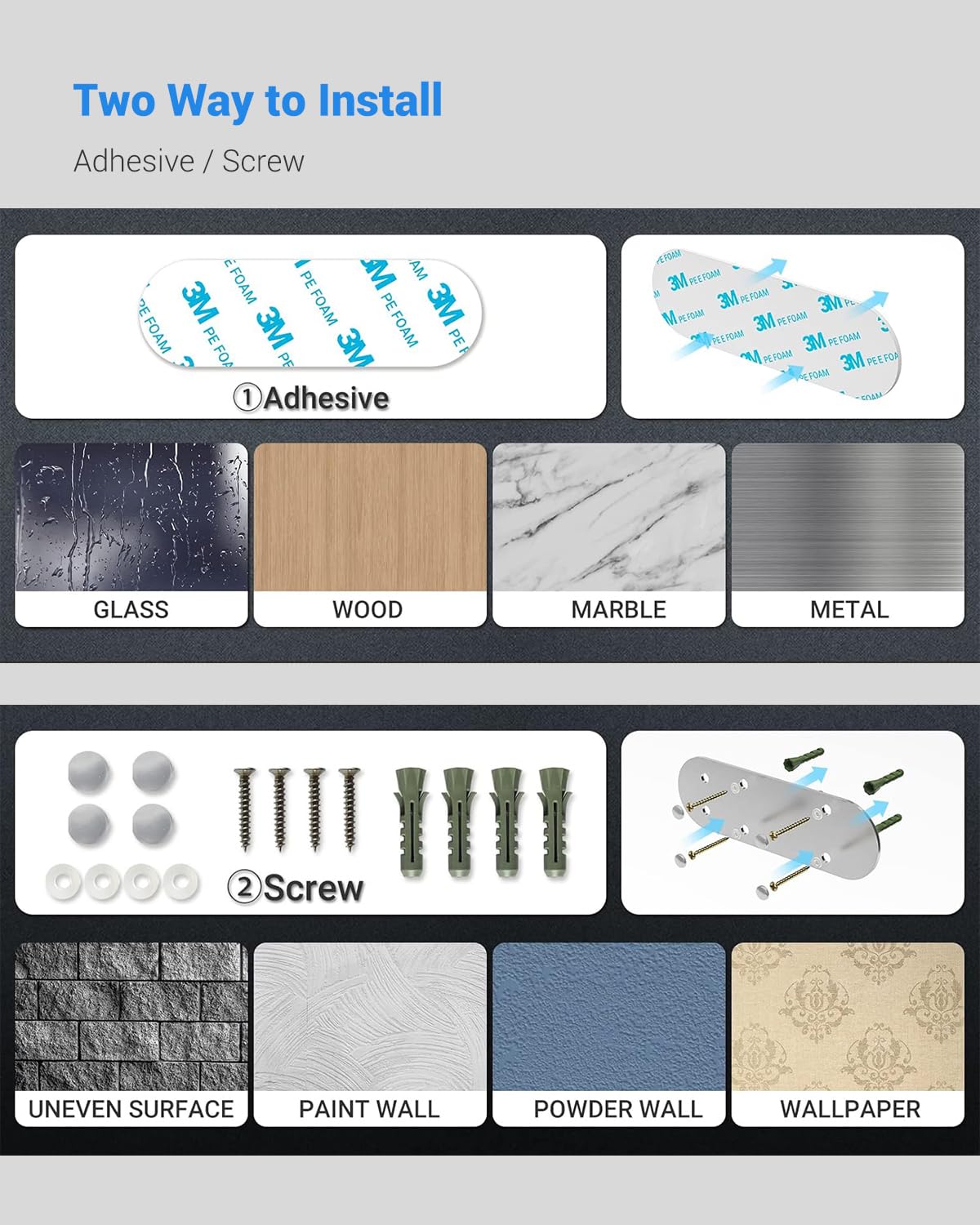 Swaitee installation accessories pack demonstrates easy mounting with adhesive or screws.