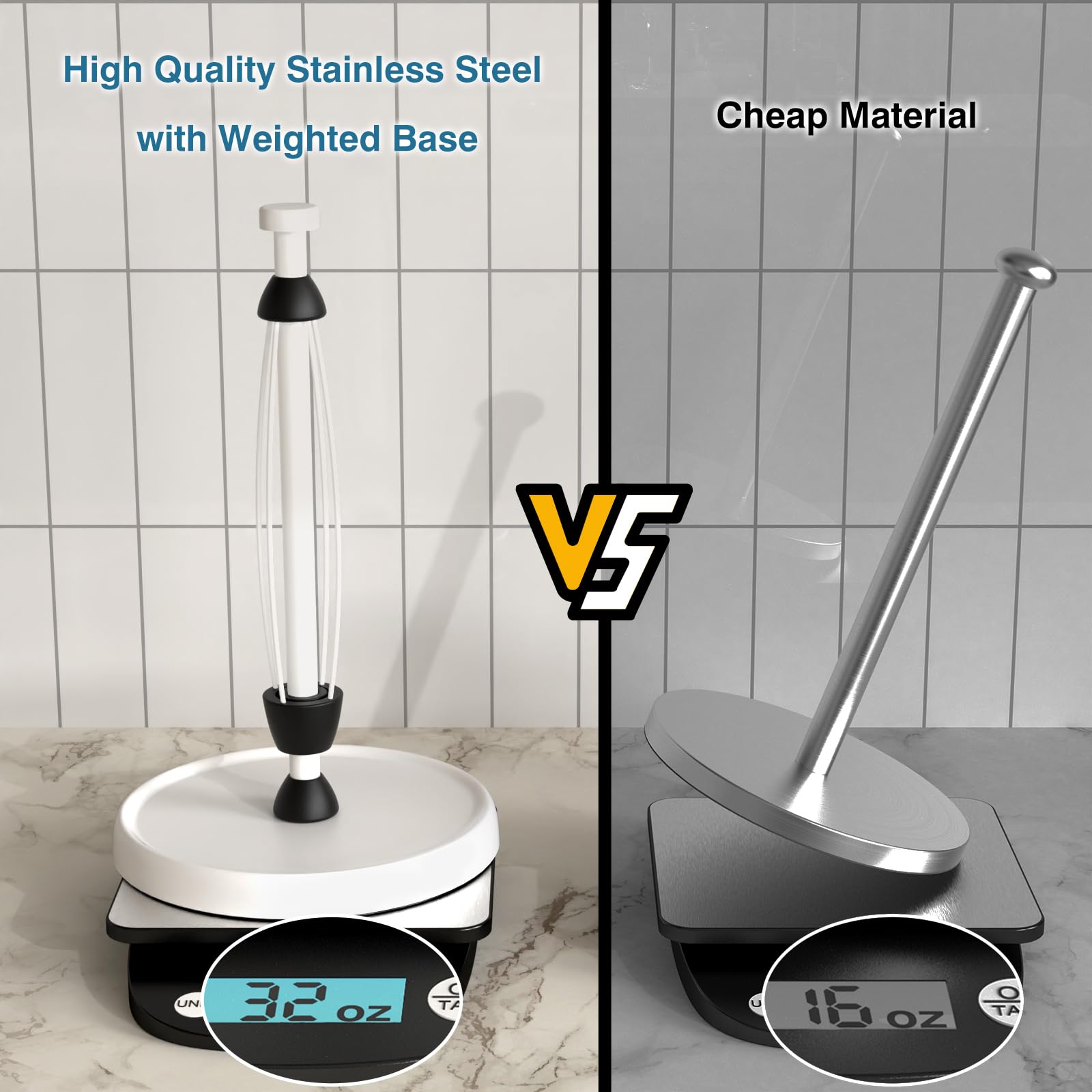 Swaitee paper towel holder weighted base prevents tipping on counters.