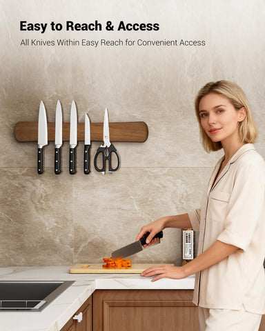 Swaitee wall-mounted knife rack blends eco-friendly wood with modern kitchen style.