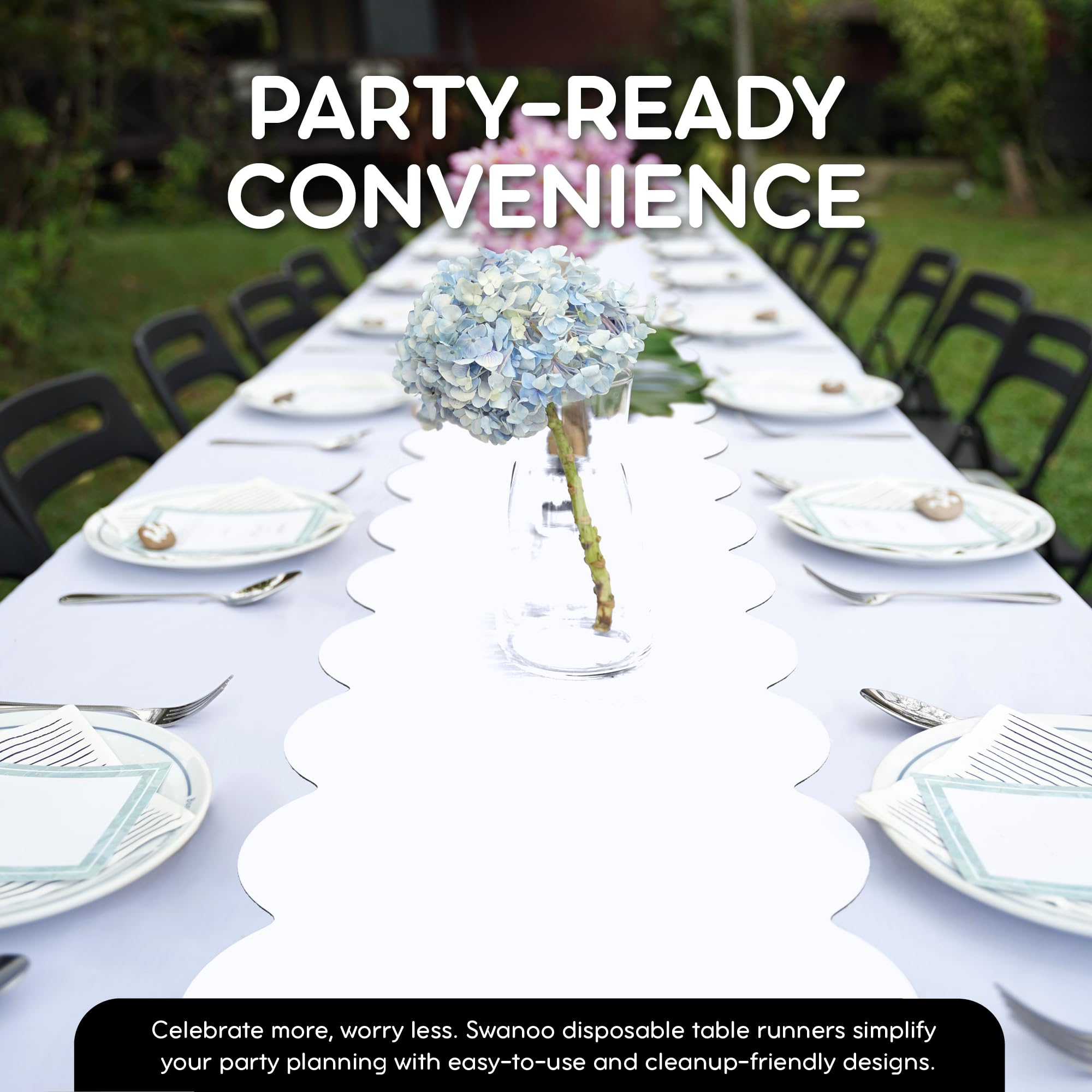 Swanoo white table runner length 14x108 inches for multi-table setups.