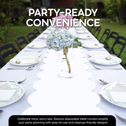 Swanoo white table runner length 14x108 inches for multi-table setups.