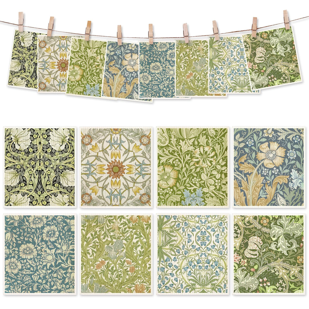 Vintage Swedish dishcloths in blue green florals absorbent for quick kitchen drying