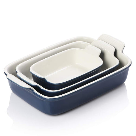 Sweejar navy ceramic baking pans set with double handles for easy transport from oven to table.