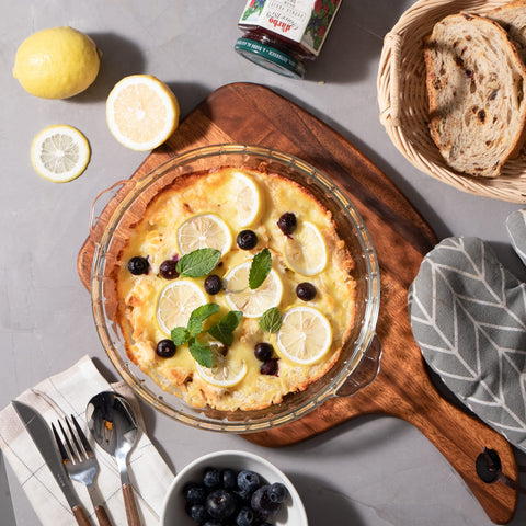 Sweejar glass pan with generous handles for easy transfer from freezer to oven.