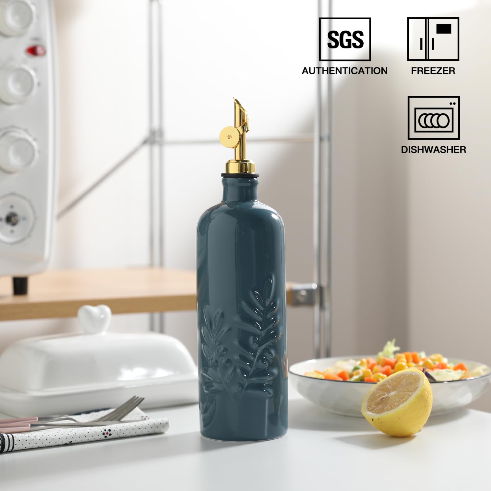 Sweejar gravity spout bottle provides drip-free pouring for oil or vinegar.