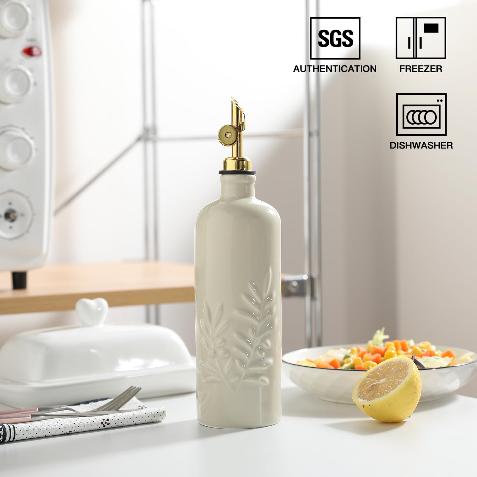 Sweejar gravity spout enables drip-free, controlled pouring for EVOO or vinegar.