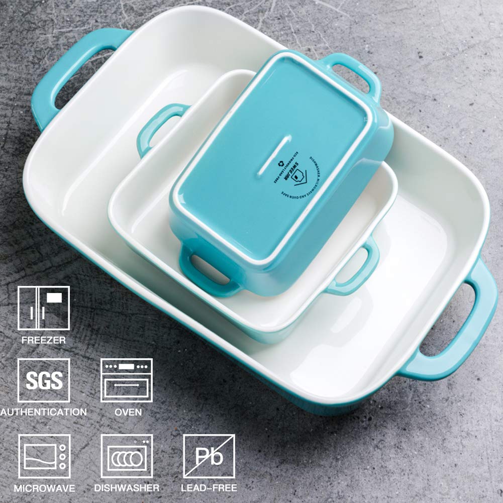 Sweejar middle turquoise rectangle pan for casseroles and family meals.