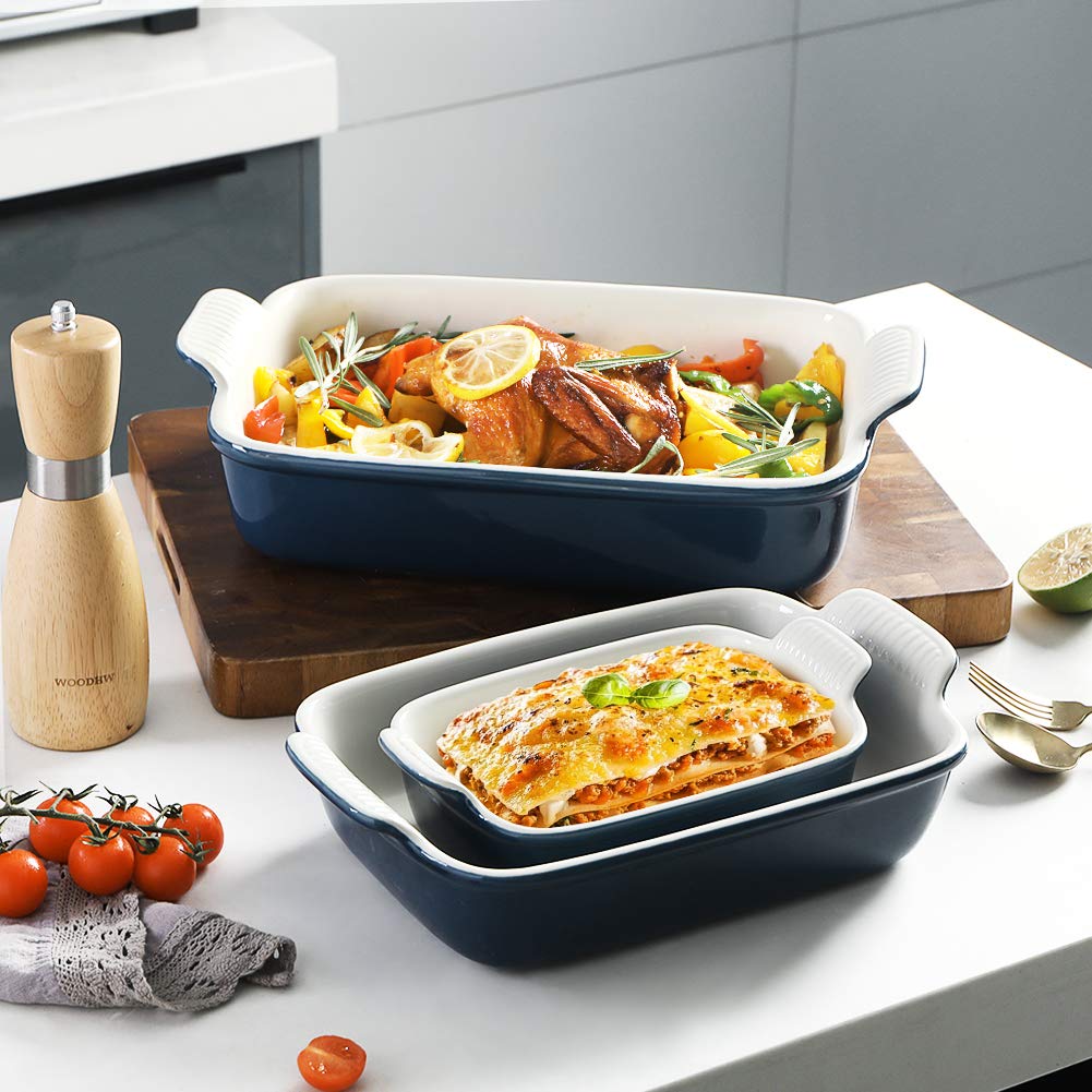Sweejar navy bakeware adds elegant style to kitchen and dining table.