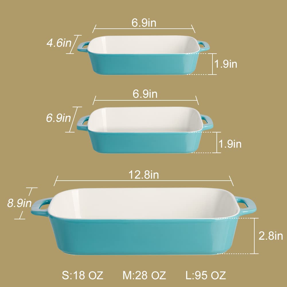 Sweejar turquoise bakeware is oven, microwave, fridge, and dishwasher safe.