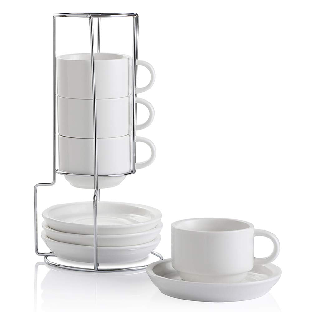 Sweejar porcelain espresso cups with saucers stacked on a metal stand for space-saving elegance