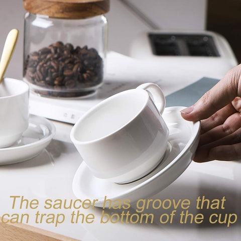 Sweejar saucer groove prevents cup slips during transport