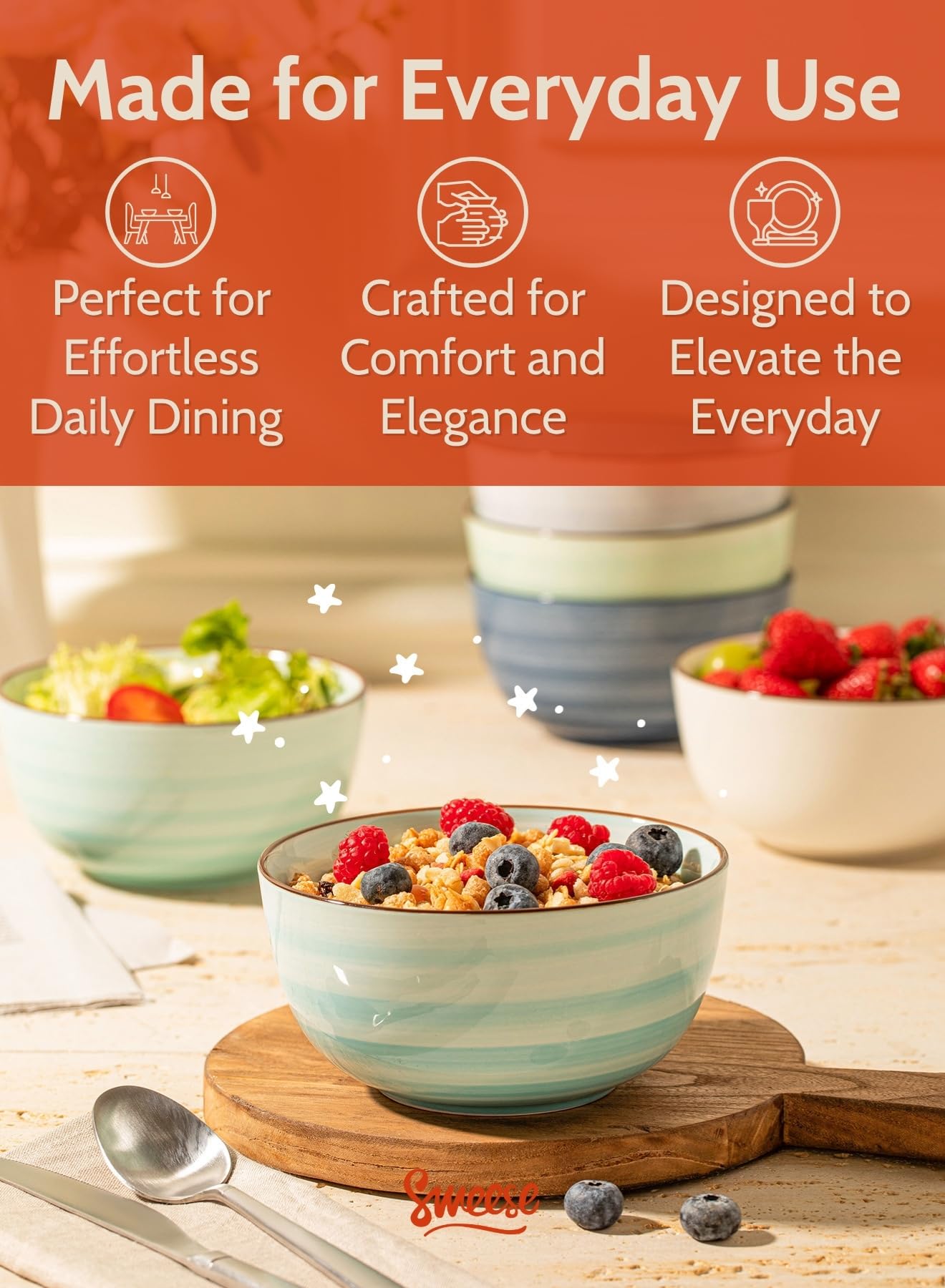 Sweese 20oz porcelain cereal bowls microwave-safe for quick reheating.