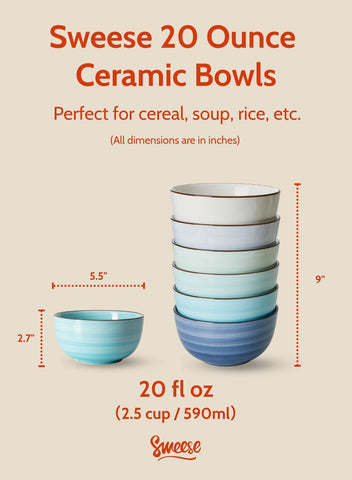 Sweese 20oz porcelain cereal bowls stackable design for compact kitchen storage.