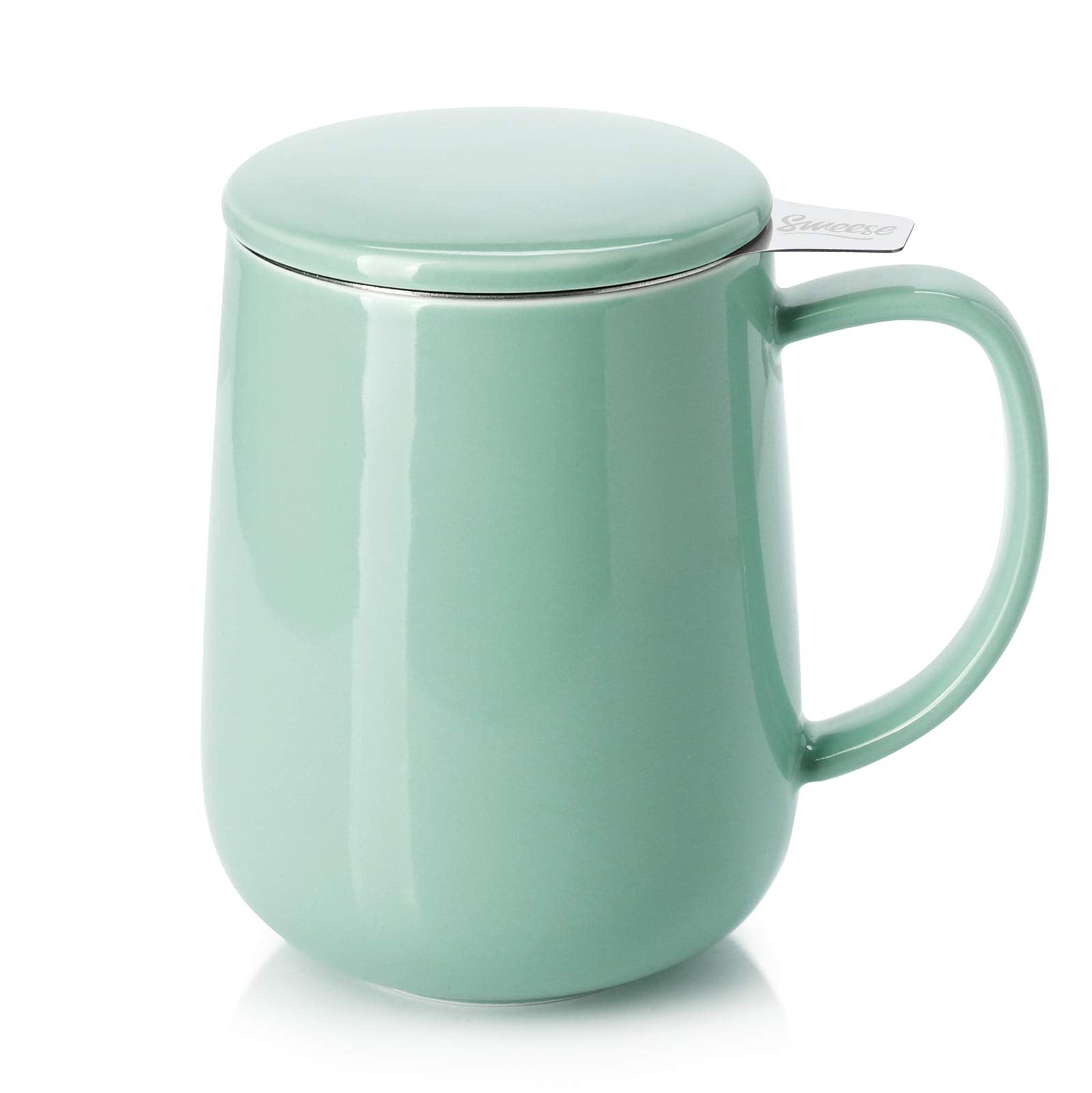 Sweese 20 oz porcelain tea mug with infuser and lid in mint-green, ideal for cozy mornings.