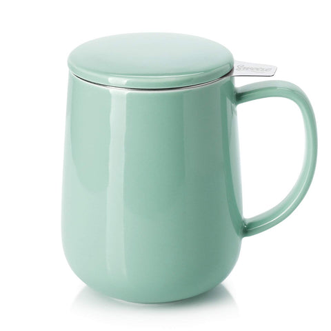Sweese 20 oz porcelain tea mug with infuser and lid in mint-green, ideal for cozy mornings.
