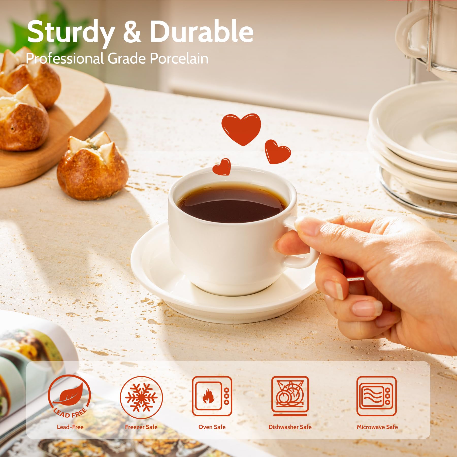 Sweese cappuccino cups with saucers for coordinated serving and easy stacking.
