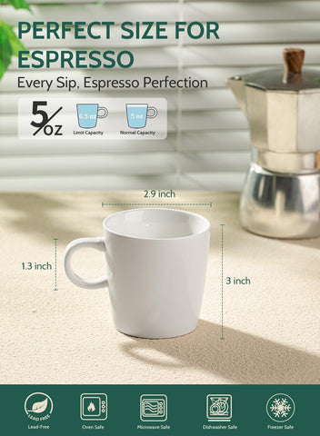 Sweese demitasse cups in white porcelain ideal for latte art and hot brewing.
