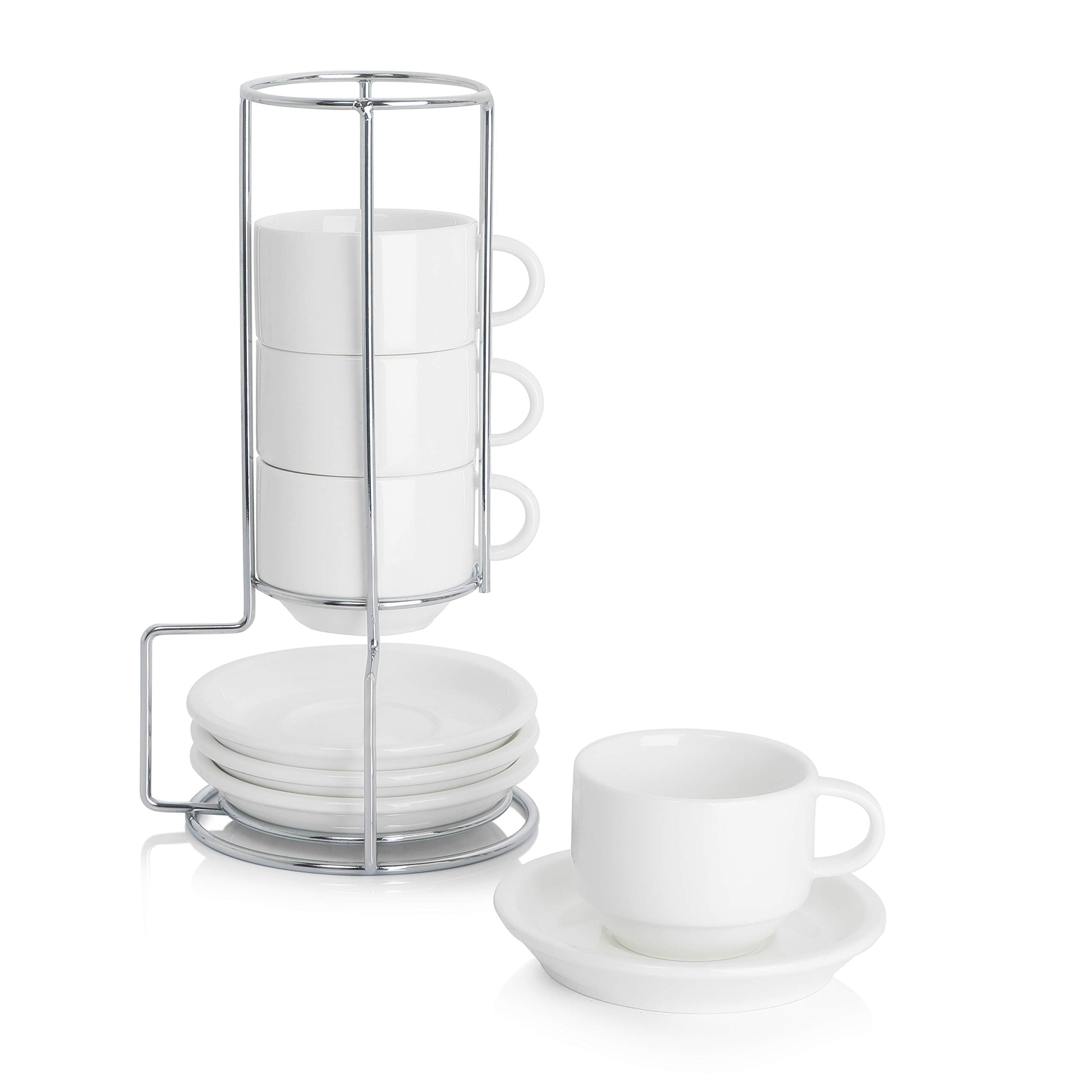Sweese espresso cups with saucers stacked neatly to save space.