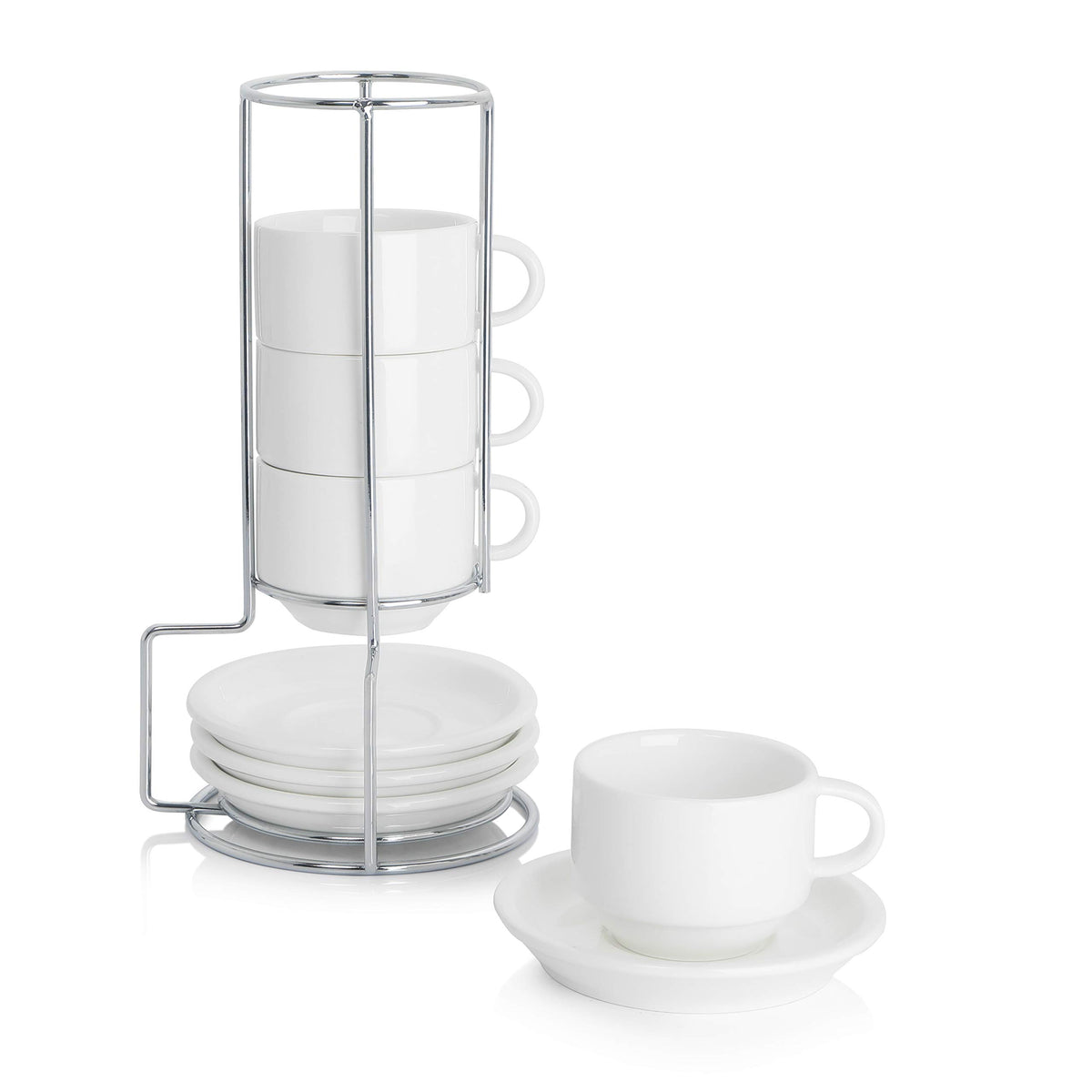 Sweese espresso cups with saucers stacked neatly to save space.