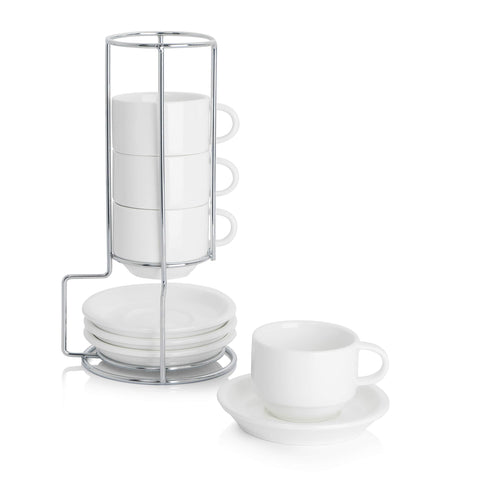 Sweese espresso cups with saucers stacked neatly to save space.