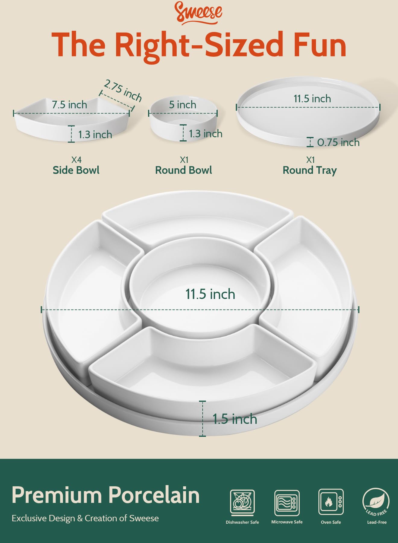 Sweese five-compartment snack tray presenting organized party snacks