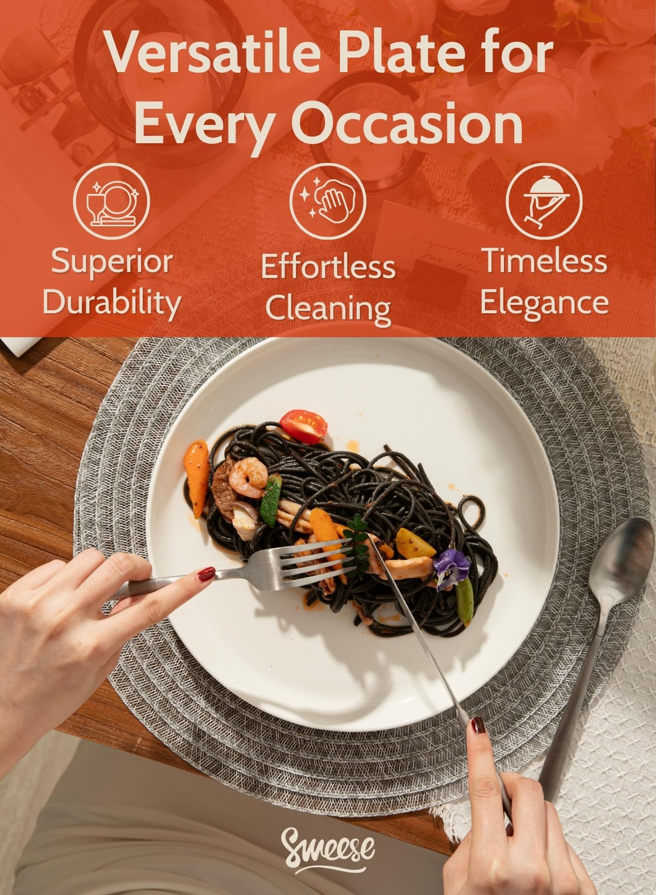 Sweese microwave-safe porcelain plate ready for quick reheats.