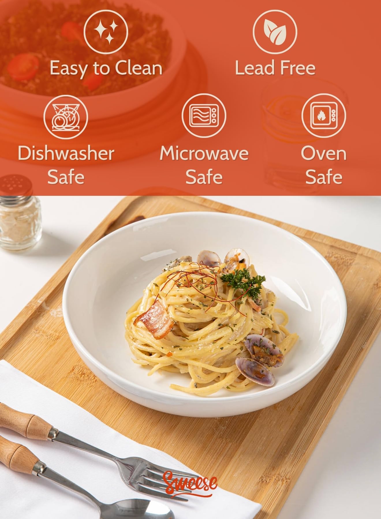 Lead-free porcelain Sweese bowl designed for safe microwaving and convenient cleanup.