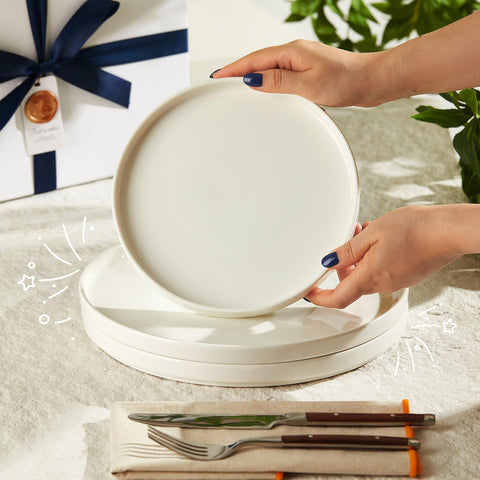 Sweese porcelain flat dinner plate dishwasher-safe badge signals easy cleanup after meals.