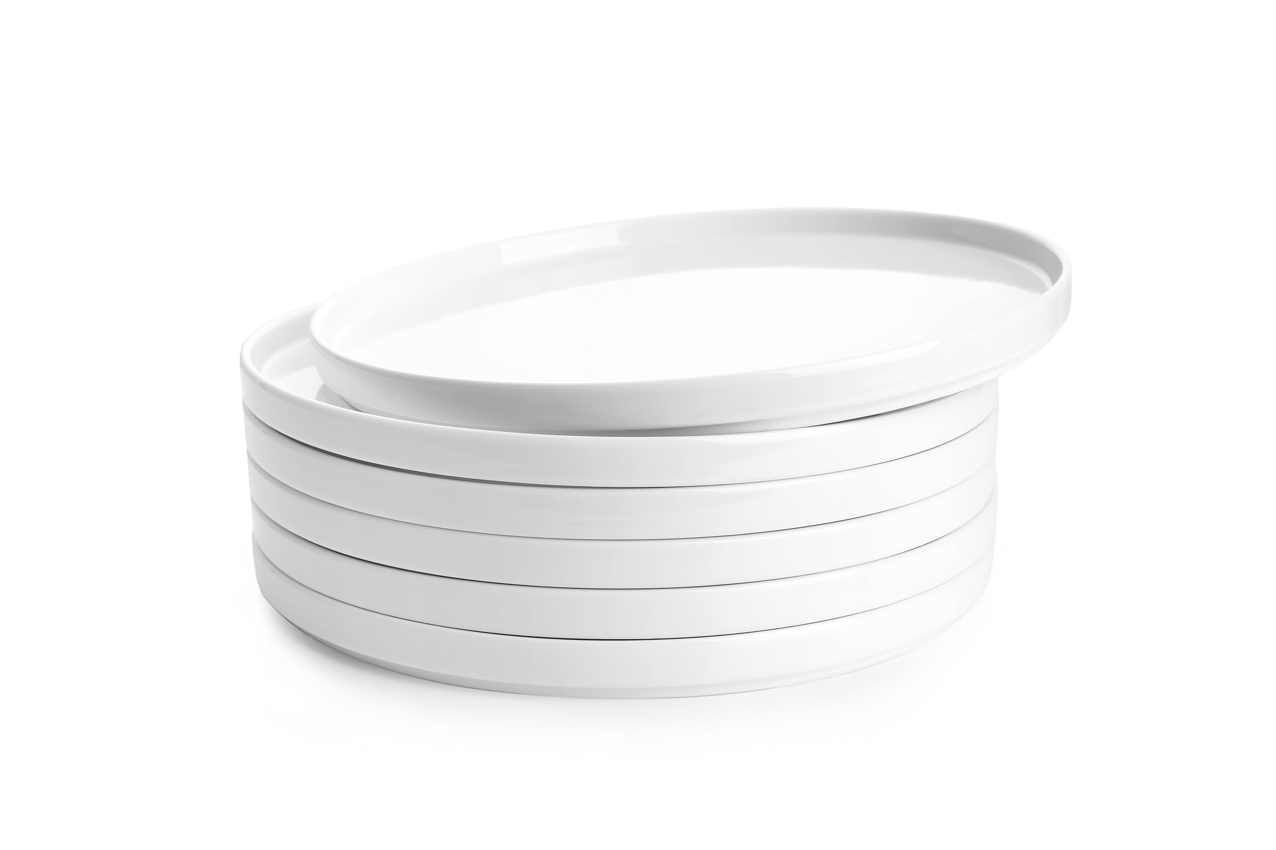Sweese porcelain flat dinner plate front view highlights high-edge protection to prevent spills.