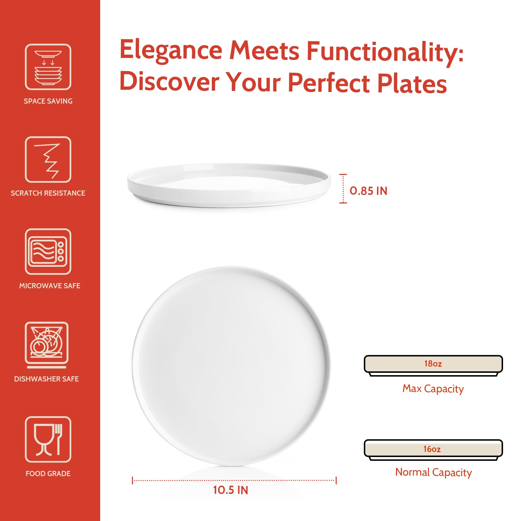 Sweese porcelain flat dinner plate stacked demonstrates space-saving cabinet storage.