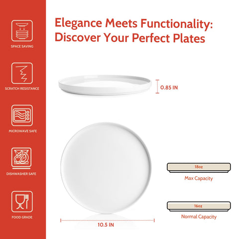 Sweese porcelain flat dinner plate stacked demonstrates space-saving cabinet storage.