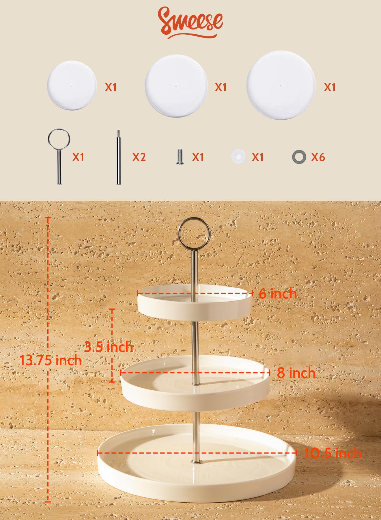 Sweese porcelain stand with three plates of 6.25, 9, and 11 inches