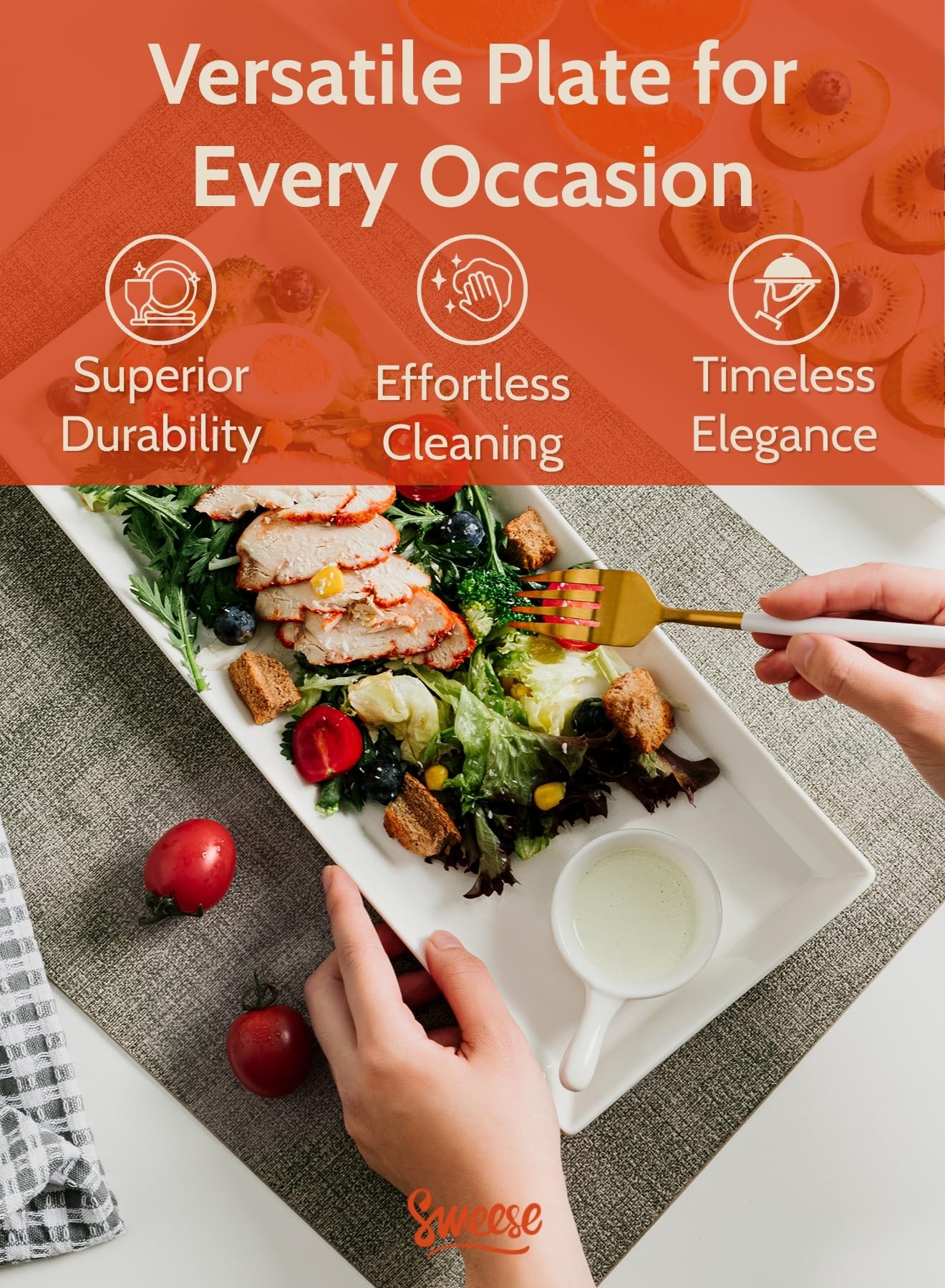 Sweese rectangular porcelain platter on a table ideal for catering and buffets