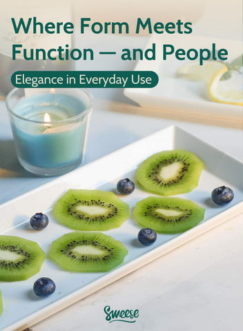 Sweese rectangular porcelain platter featuring sushi and appetizers for a celebration