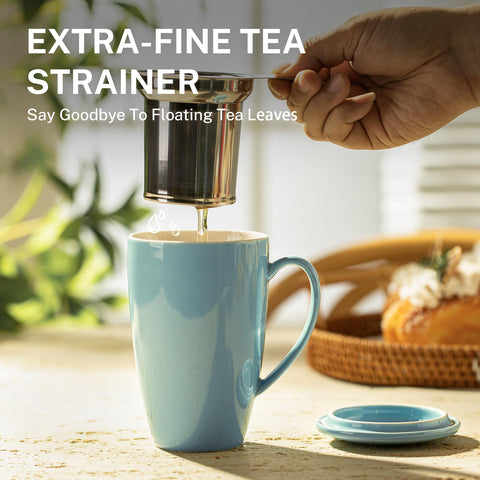Sweese mug features an extra-fine infuser to prevent loose leaves in the cup.