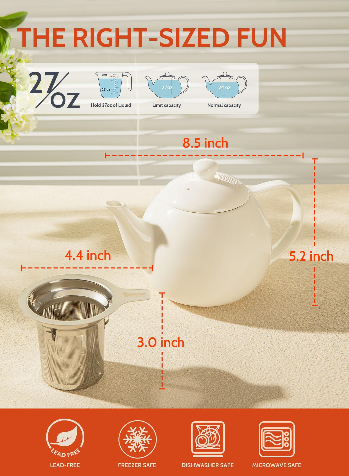 Sweese teapot lid with silicone gasket for secure pouring.