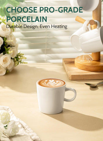 Sweese white porcelain demitasse cups with classic lines for elegant table setting.